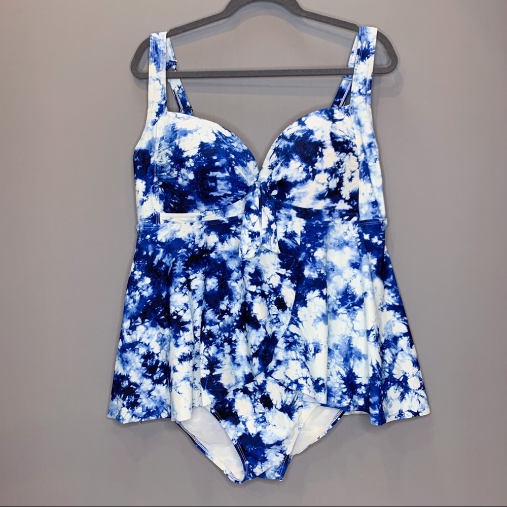 Torrid Tie Dye Blue White Skirted One Piece, M 10 - Picture 4 of 8